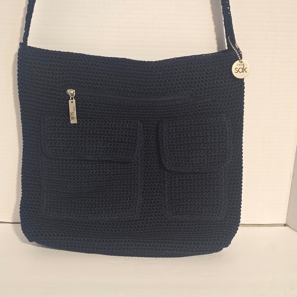 The Sak Navy Blue Crochet Crossbody Bag Front Pockets Zip Top Purse